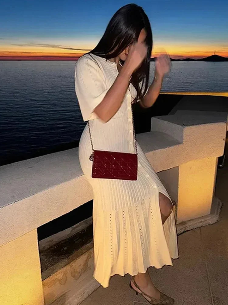 Vestido largo elegante de punto con patchwork para mujer, elegante vestido largo de manga corta con aberturas y canalé, cuello redondo, cintura alta, tejido de punto para mujer