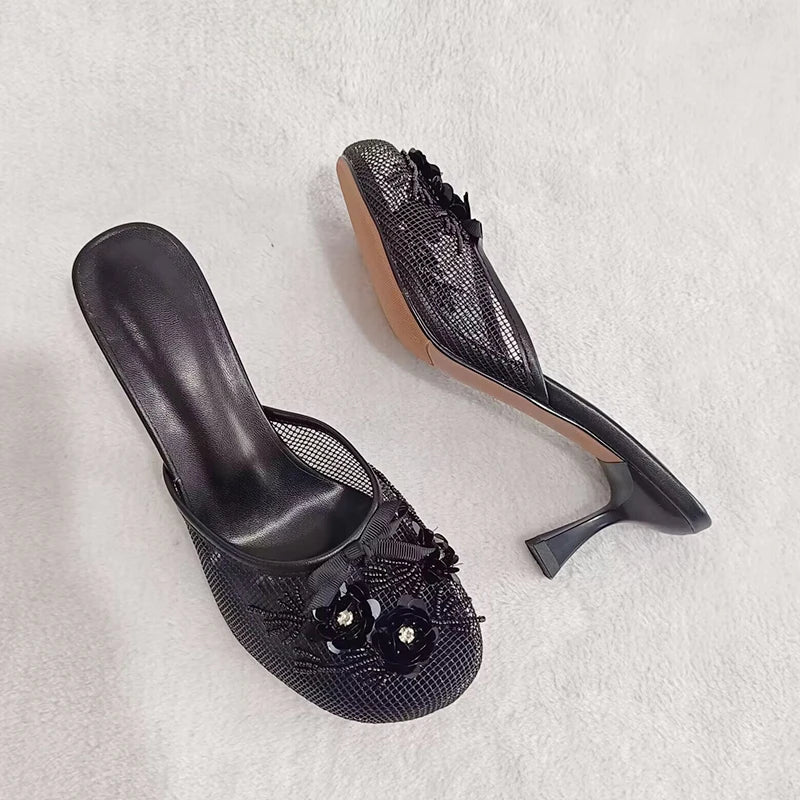 Fashion mesh floral women slides sexy thin heel slip on sandals