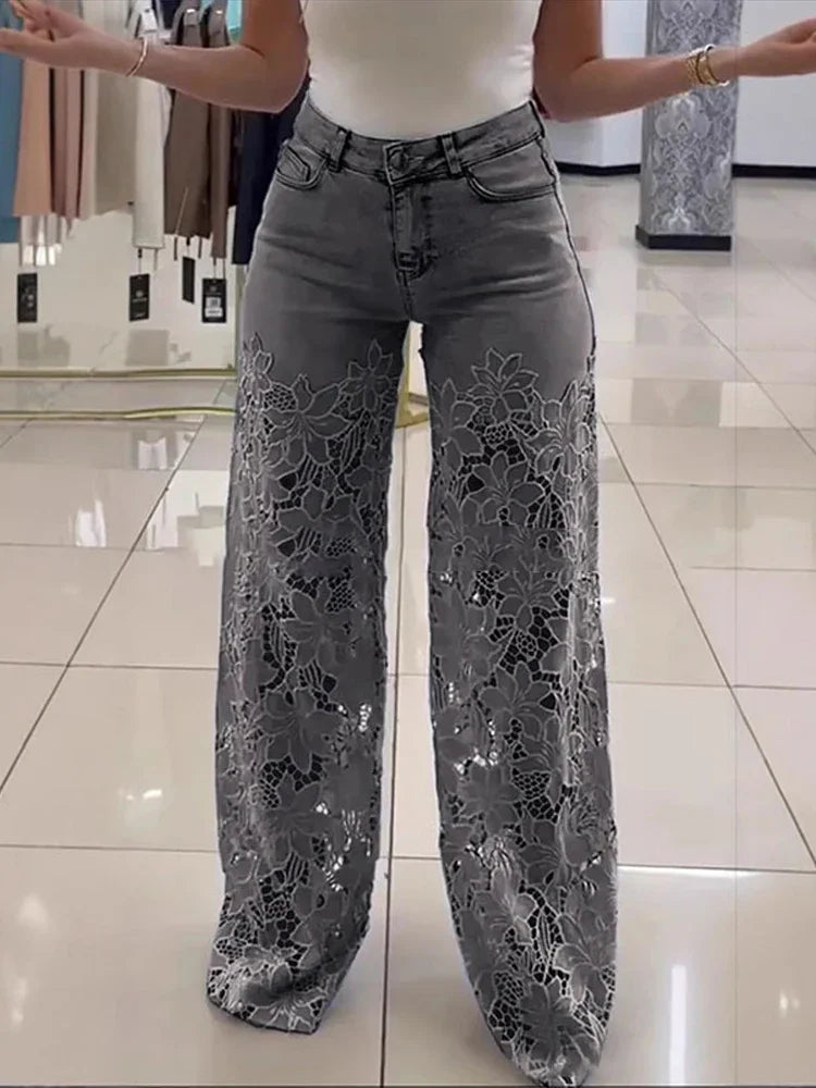 Pantalones vaqueros elásticos de talla grande para mujer con encaje recortado, pantalones anchos de cintura alta, elegantes y chic para verano.