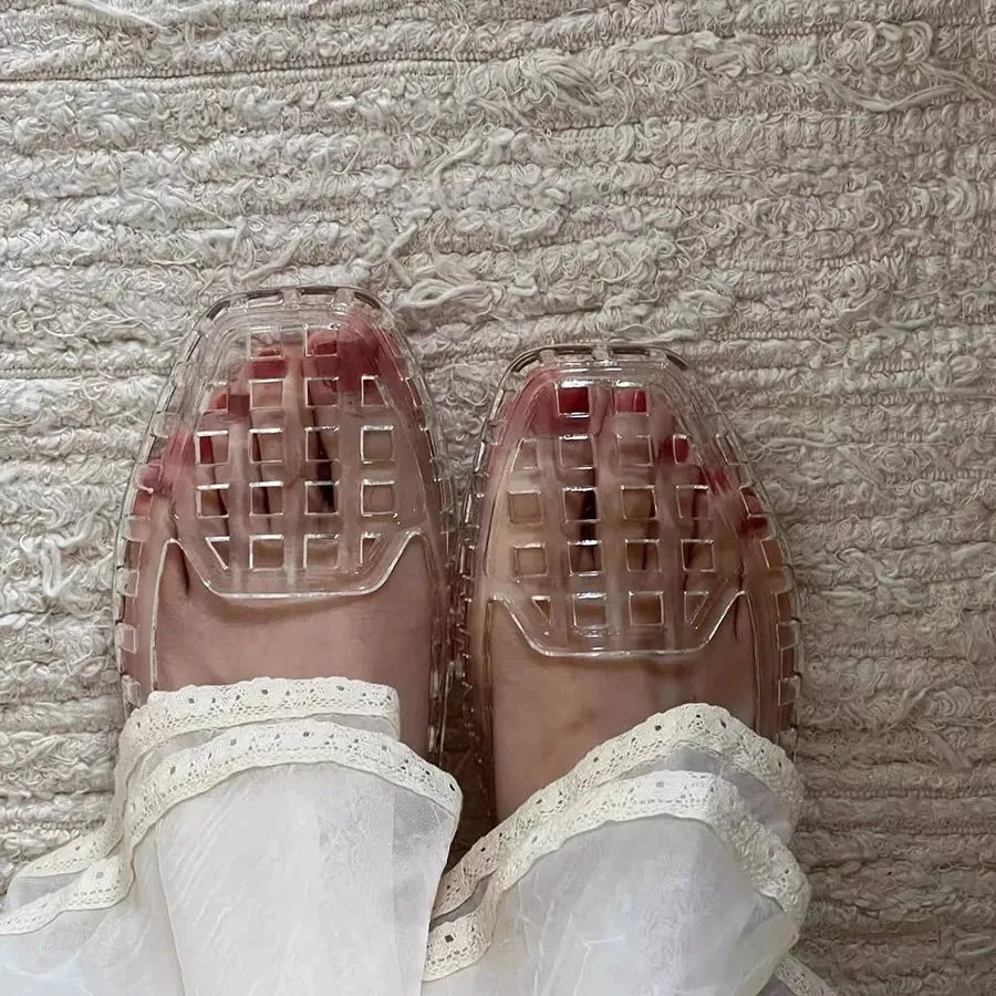 Sandalias de gelatina para mujer 2025, sandalias de boca baja, sandalias de PVC con punta cuadrada para exteriores, sandalias para personas perezosas que las pisan.
