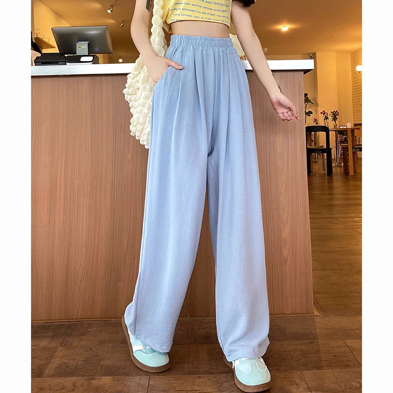 Pantalones de seda helada de colores dulces para mujer, holgados, versátiles, elásticos, de pierna recta, de cintura alta y pierna ancha, para verano