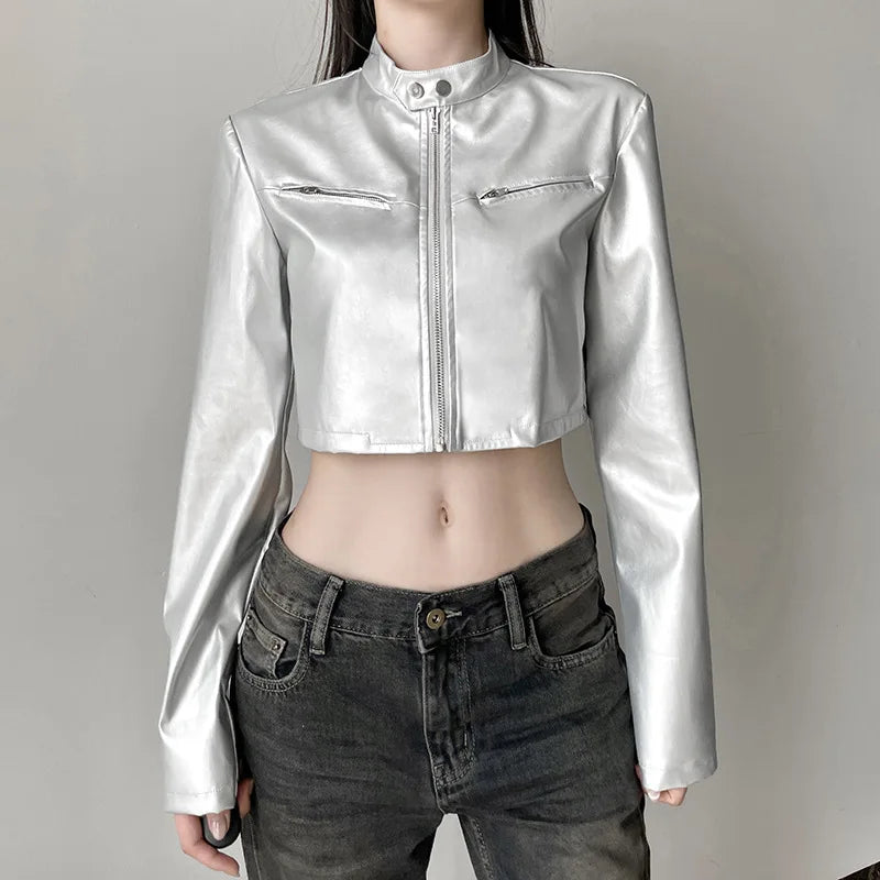 Chaqueta corta con cremallera y cuello alto plateado versátil con ombligo descubierto y corte entallado para chica de calle picante