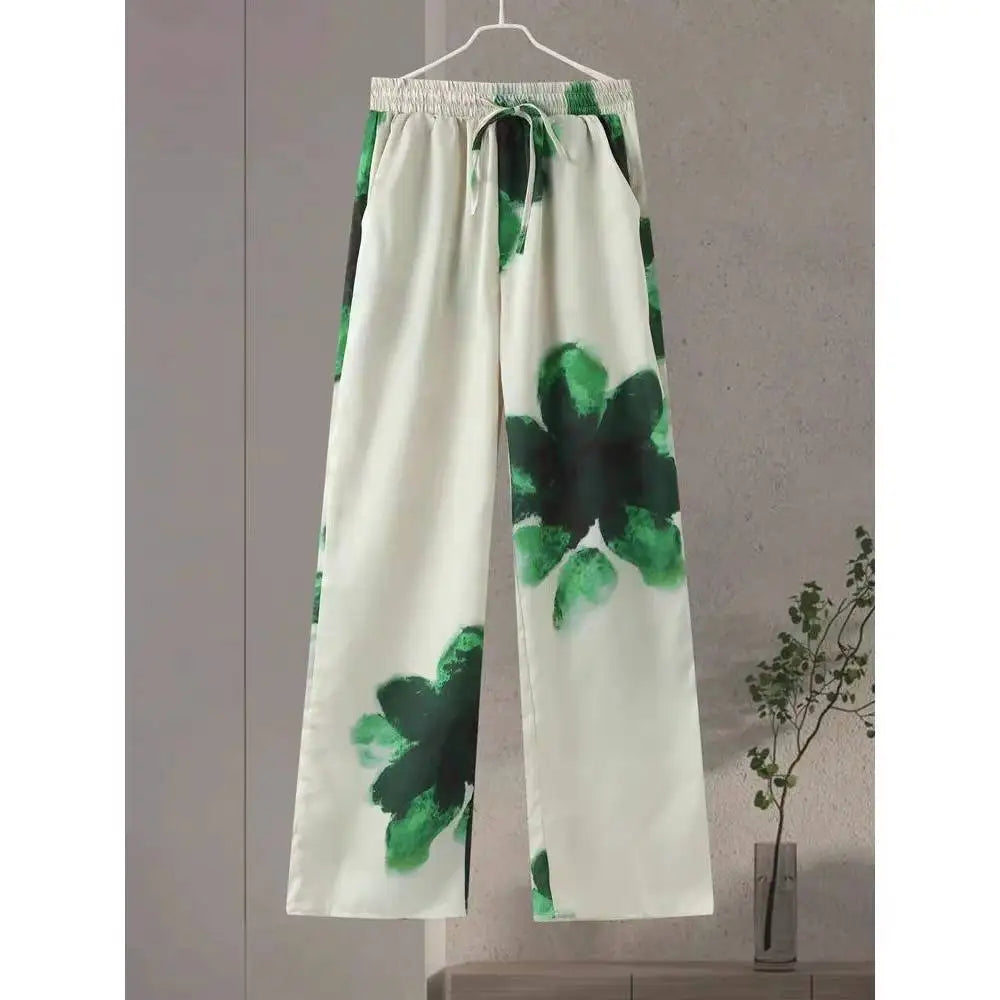 TRAFZA Pantalones largos de primavera para mujer, con estampado de flores verdes, cintura elástica y cordón ajustable, informales, de pierna ancha, estilo playero