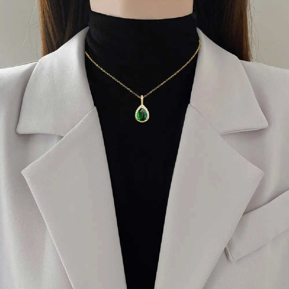 DIEYURO 316L Stainless Steel Steell Green Water Droplet Inlay Zircon Pendant Necklace Earrings Set Girl New Trend Jewelry Gift