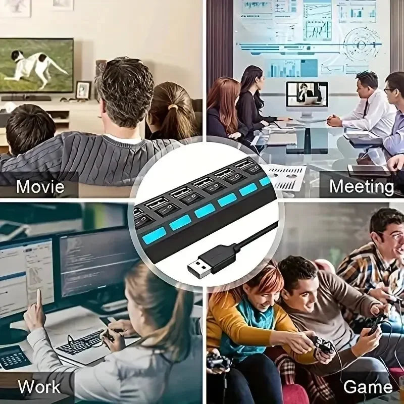 Adaptador HUB USB 2.0 de alta velocidad de 4/7 puertos, expansor, divisor USB múltiple, extensor múltiple con interruptor de lámpara LED para PC y portátil.