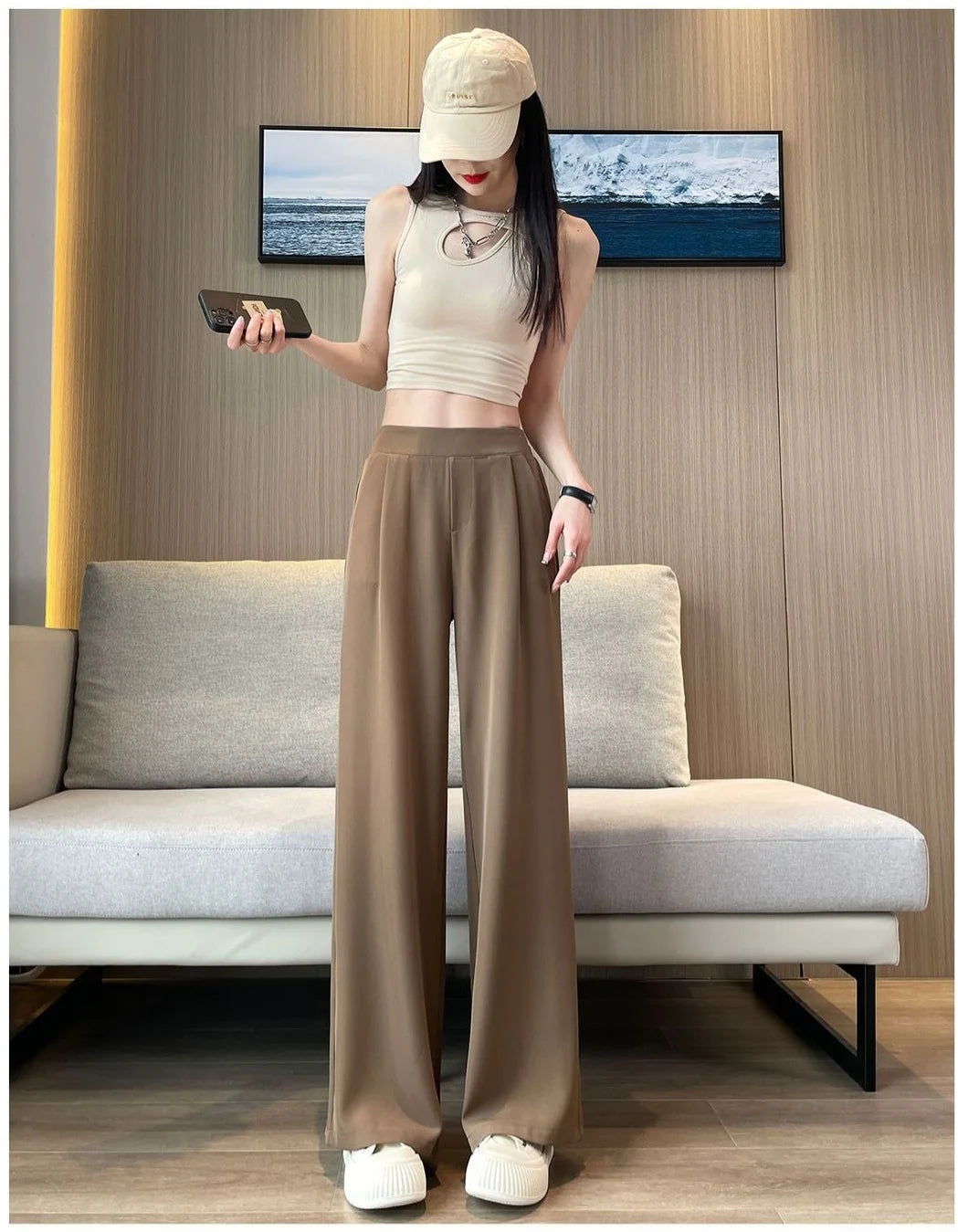Pantalones casuales para mujer, traje negro con colgante de alto sentido, pierna ancha, cintura alta, pierna recta, pantalones sueltos para mujer