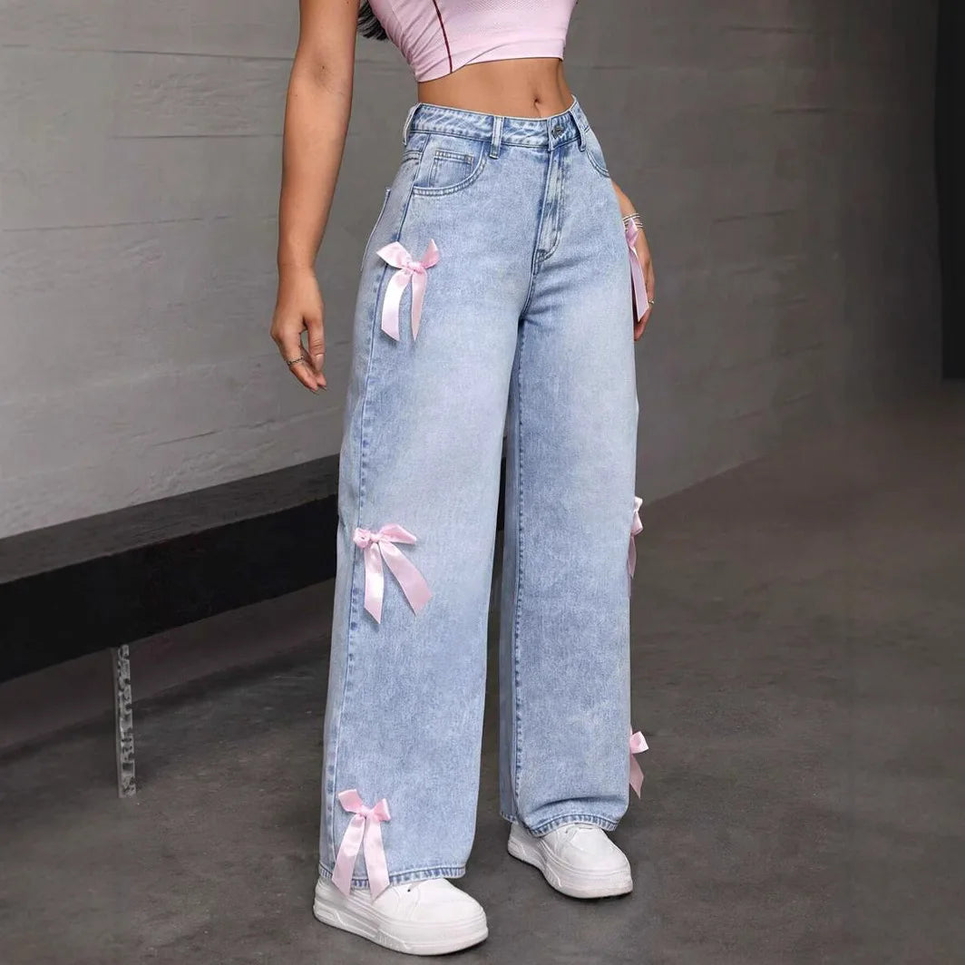 Pantalones vaqueros de pierna ancha para mujer, lavados con lazo, cintura alta, estilo urbano, desgastados, vintage, rectos, hasta los tobillos, 2025