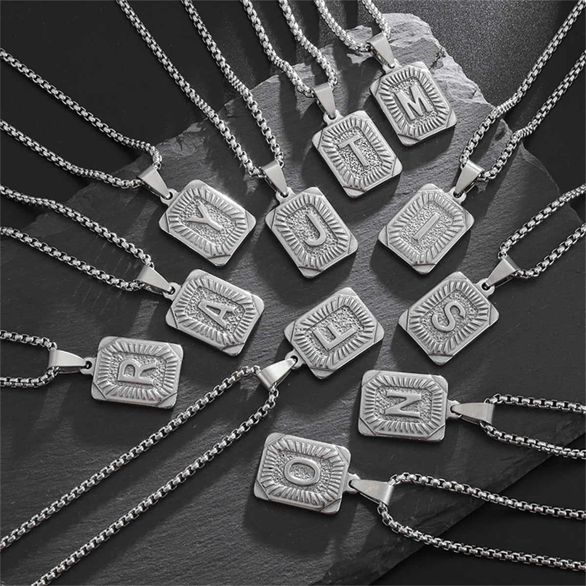 Initials Pendant Letter Necklace For Women Men Gold Color Silver Color Square Alphabet Charm Box Link Chain Couple Pendant