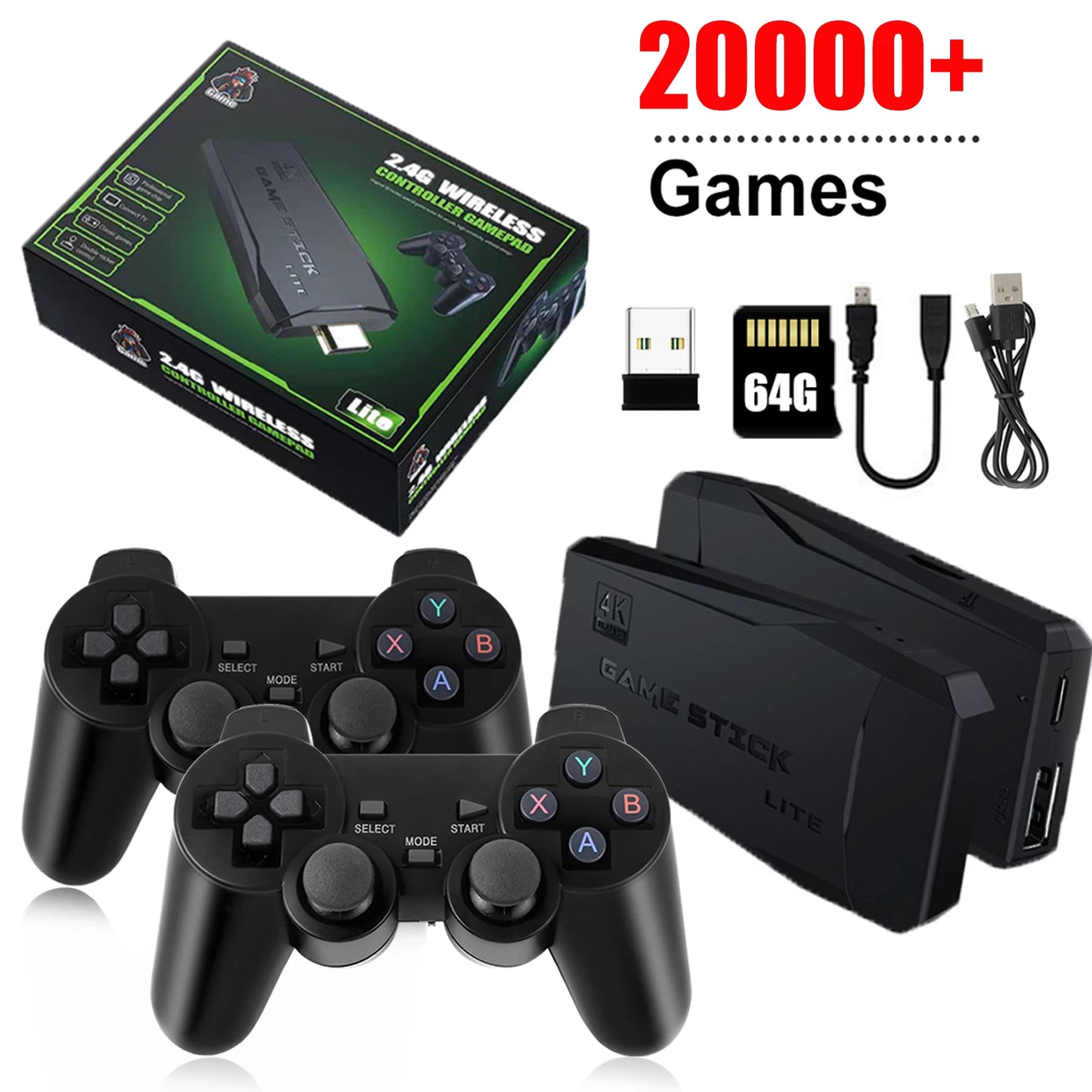Consola de videojuegos con más de 20 000 juegos integrados, reproductor de juegos portátil retro, 64 GB, 4K, TV, mando inalámbrico de 2,4 GB