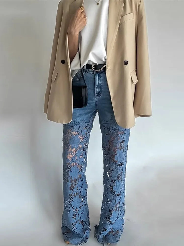 Pantalones vaqueros elásticos de talla grande para mujer con encaje recortado, pantalones anchos de cintura alta, elegantes y chic para verano.