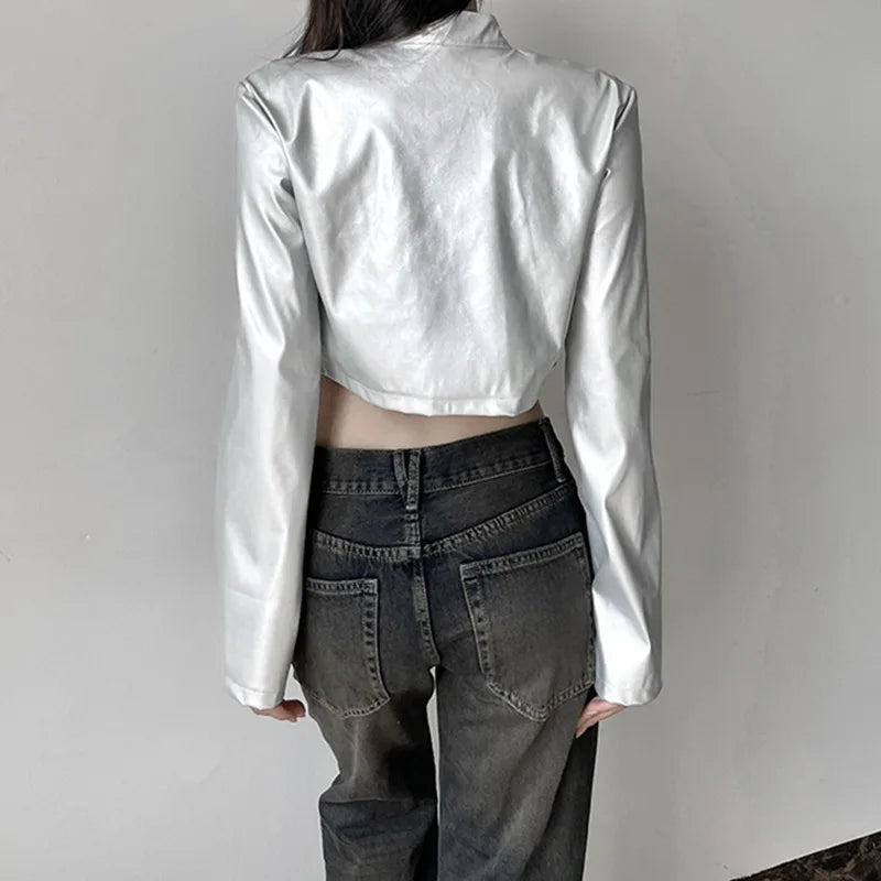Chaqueta corta con cremallera y cuello alto plateado versátil con ombligo descubierto y corte entallado para chica de calle picante