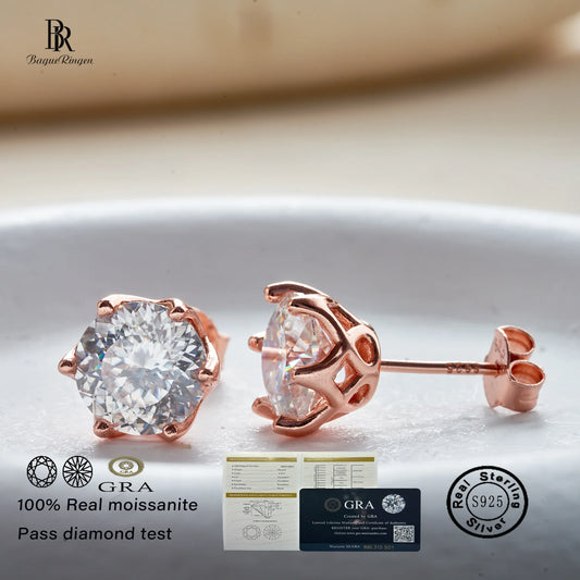 5/6.5/8mm Round 100 Face Cut Moissanite Stud Earrings For Women S925 Sterling Silver Rose Gold Plated Wedding Ear Fine Jewelry
