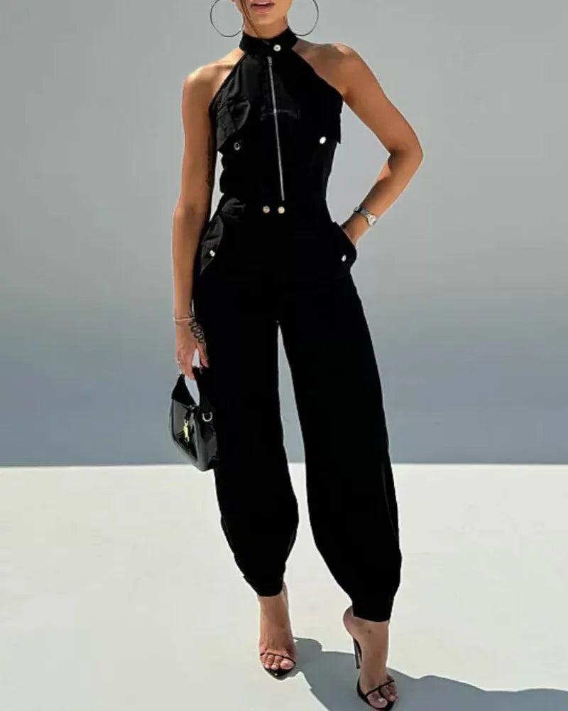 Conjunto de 2 piezas de verano para mujer, elegante top sin mangas con cuello alto y bolsillos cargo, y pantalones largos informales con puños para oficina.