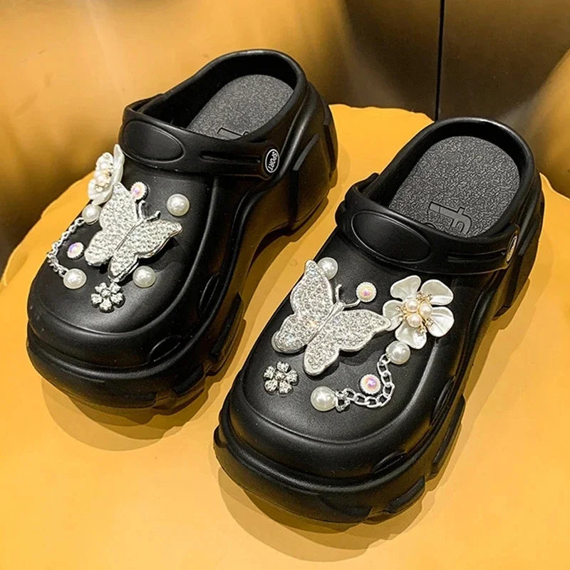 Sandalias de playa para exteriores con plataforma de 7 cm y diseño de oso con perlas brillantes y diamantes, zapatos de verano para niñas y mujeres.