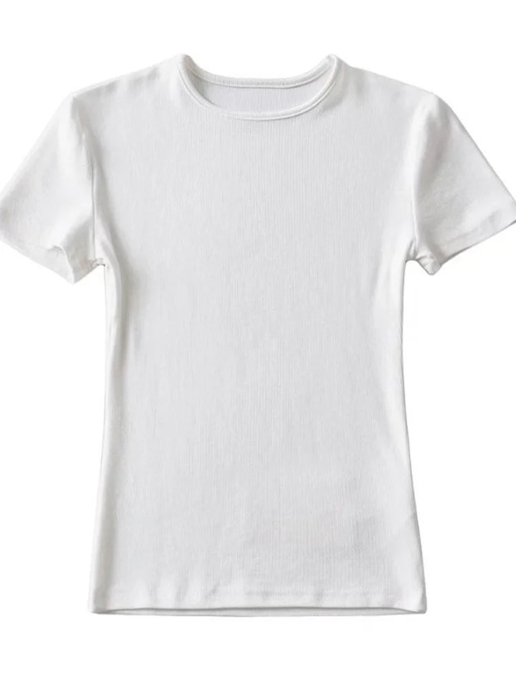 Camiseta informal de verano para mujer, ajustada, de manga corta, con cuello redondo, básica, lisa, corta