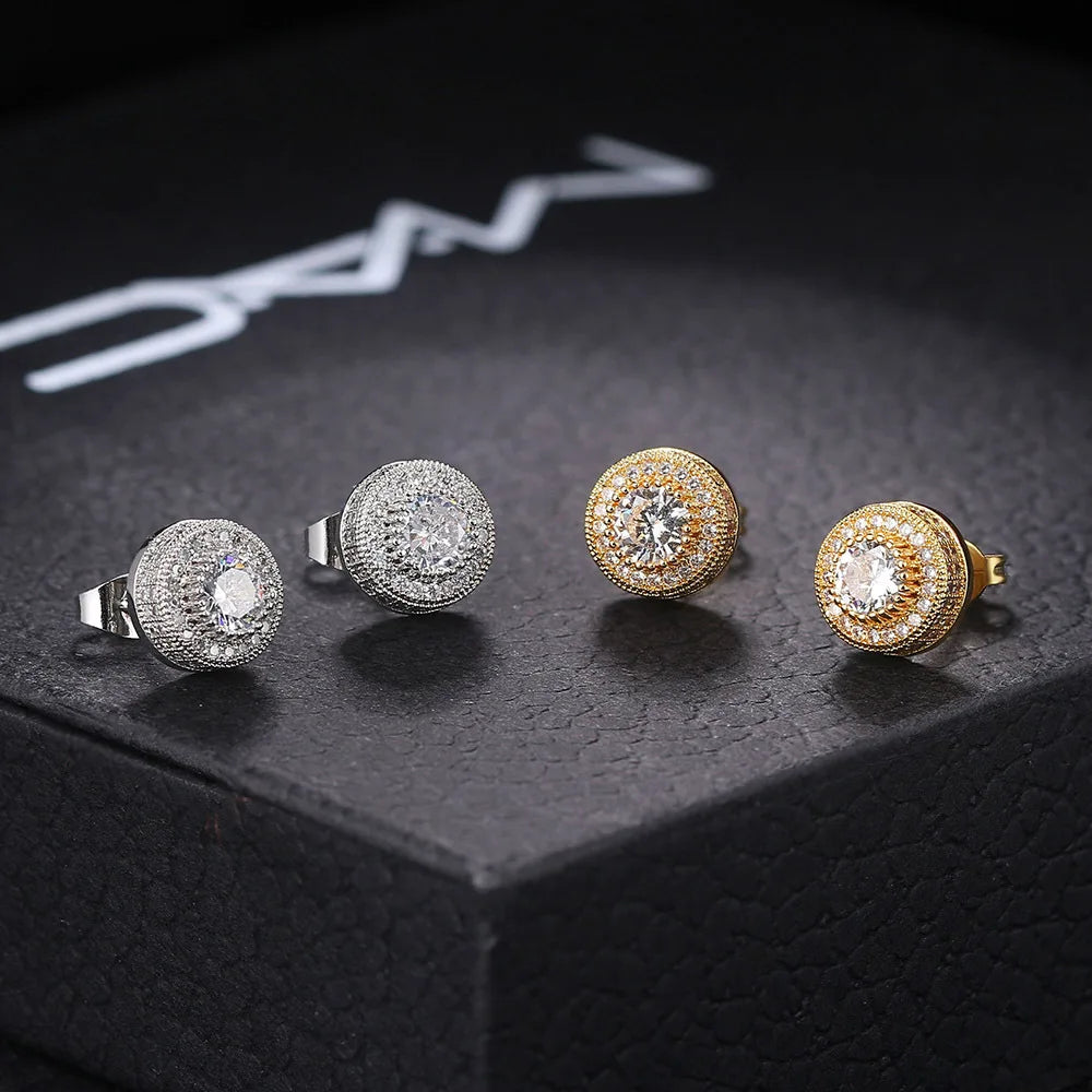 Shining Stainless Steel CZ Stud Earrings For Men Clear Round Zircon Stone Gothic Earrings Women Accessories Fashion Jewelry