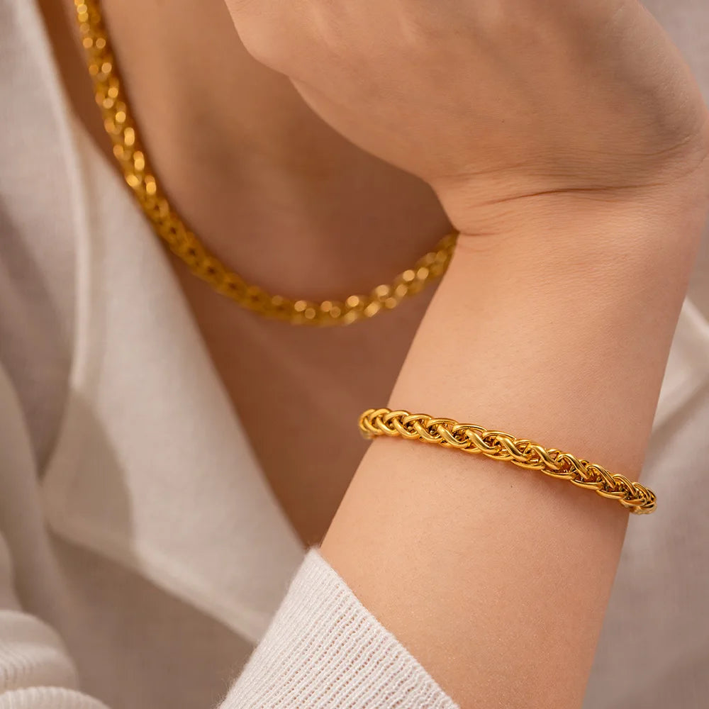 Stainless Steel Geometric Circle Grain Neckalces Bracelet Jewelry Set For Women Gold Color Metal 18 K Plated Collar