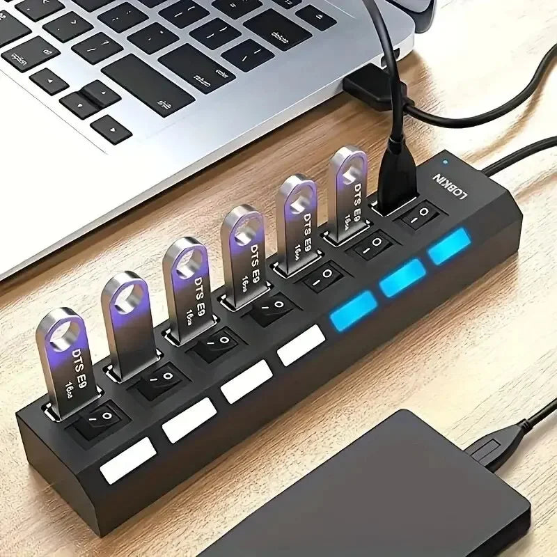 Adaptador HUB USB 2.0 de alta velocidad de 4/7 puertos, expansor, divisor USB múltiple, extensor múltiple con interruptor de lámpara LED para PC y portátil.