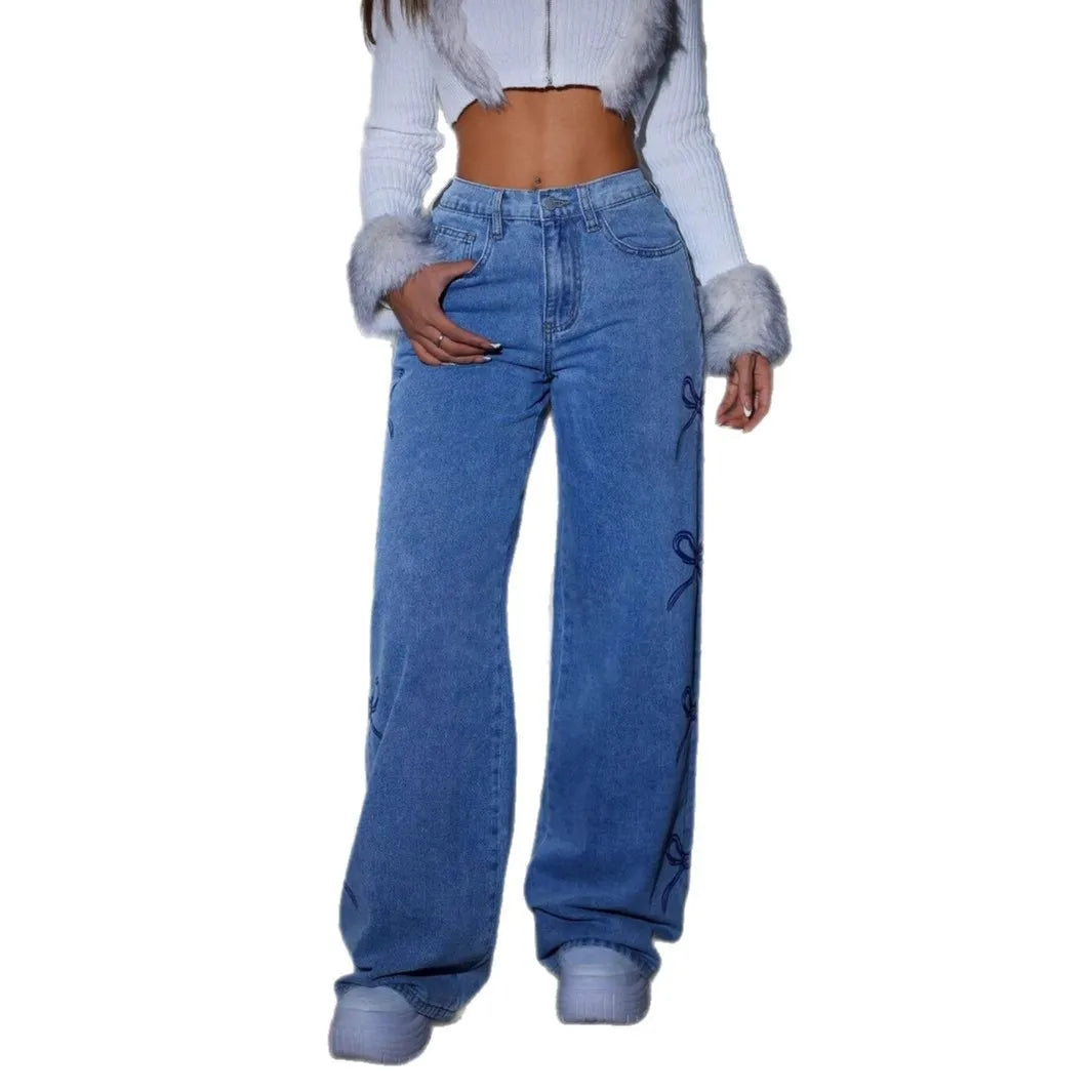 Wide Leg Pants Women Bow Print Jeans High Waist Washed Distressed Straight Trousers Vintage Denims Floor Length Streetwear