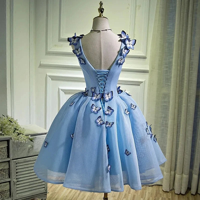 BOMARIS Vestido corto de tul con escote en V azul para fiesta de graduación, diseño único de mariposas en 3D, minivestido de fiesta de graduación de octavo grado, personalizado