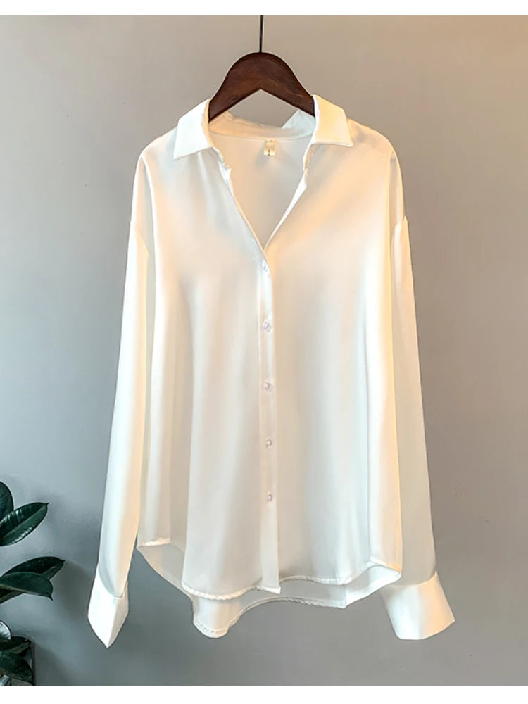 Blusa de manga larga para mujer, estilo oficina, otoño 2023, de satén, elegante, estilo coreano, de diseñador de lujo.