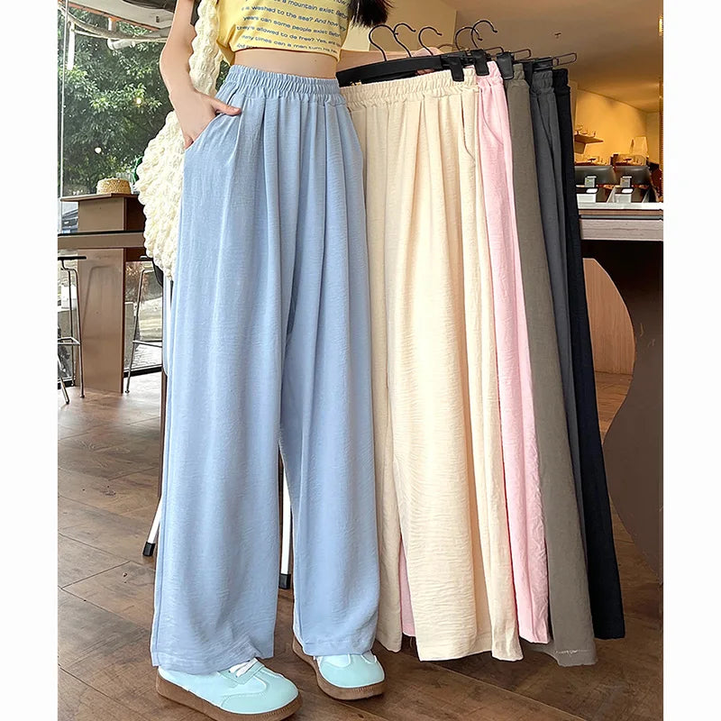 Pantalones de seda helada de colores dulces para mujer, holgados, versátiles, elásticos, de pierna recta, de cintura alta y pierna ancha, para verano