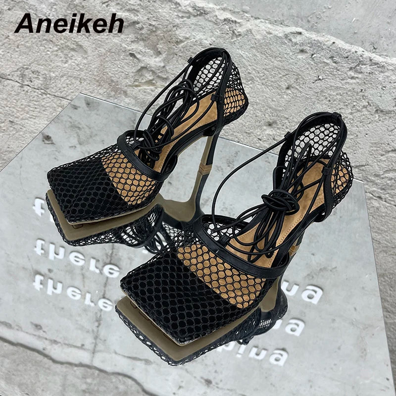 Aneikeh 2025 - Sandalias de malla sexys de verano para mujer, con punta cuadrada, tacón alto, cordones cruzados, zapatos de fiesta con tacón de aguja calado