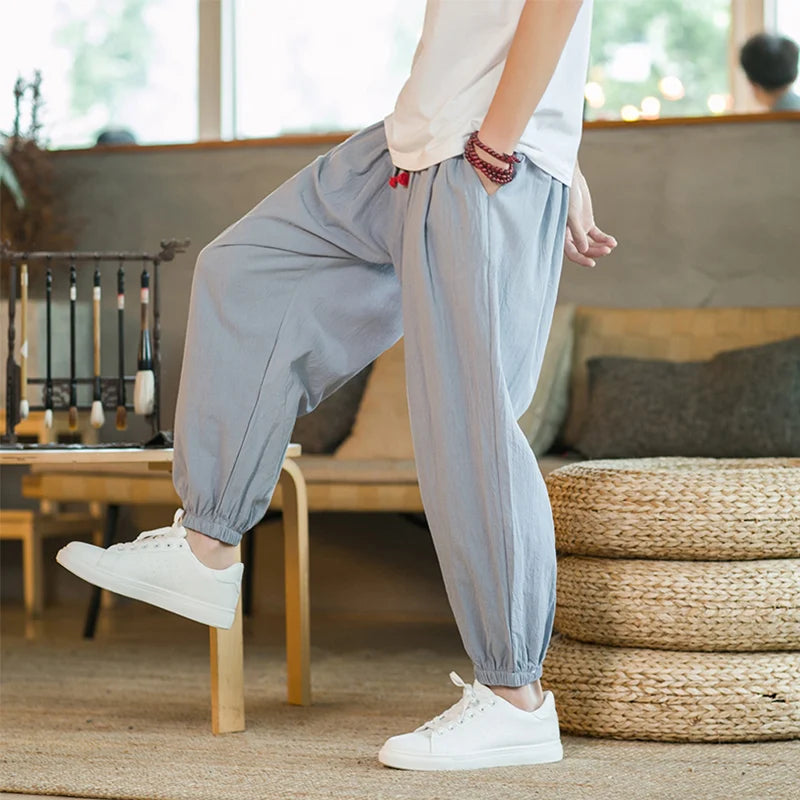 Pantalones de algodón y cáñamo para hombre, holgados, con cordón ajustable, estilo harén, estilo japonés, primavera y otoño, tallas M-5XL, 2024