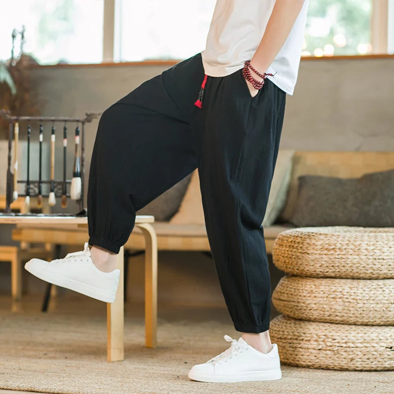 Pantalones de algodón y cáñamo para hombre, holgados, con cordón ajustable, estilo harén, estilo japonés, primavera y otoño, tallas M-5XL, 2024