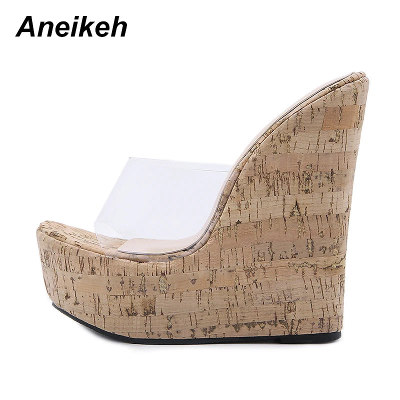 Sandalias de plataforma con cuña transparente de PVC Aneikeh, tacón alto, moda de verano 2025, zapatillas de mujer, zapatos de playa de suela gruesa para mujer