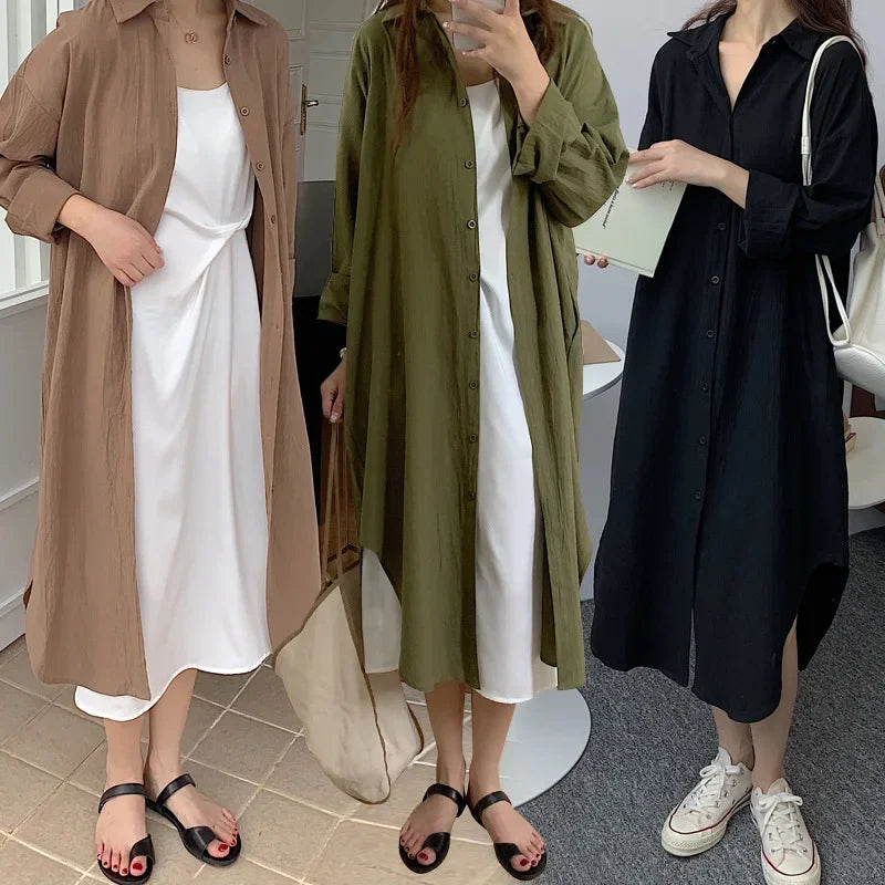 TFETTERS-Vestidos largos de camisa para mujer Camisa de manga larga suelta informal X-Long Hasta la rodilla Abrigo abotonado Ropa de moda coreana