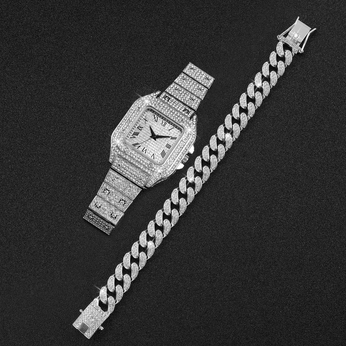 2PCS/Set Unisex Watch Fashion Diamond Men Watches Silver Stainless Steel Band Women's Quartz Watch Bracelet Set