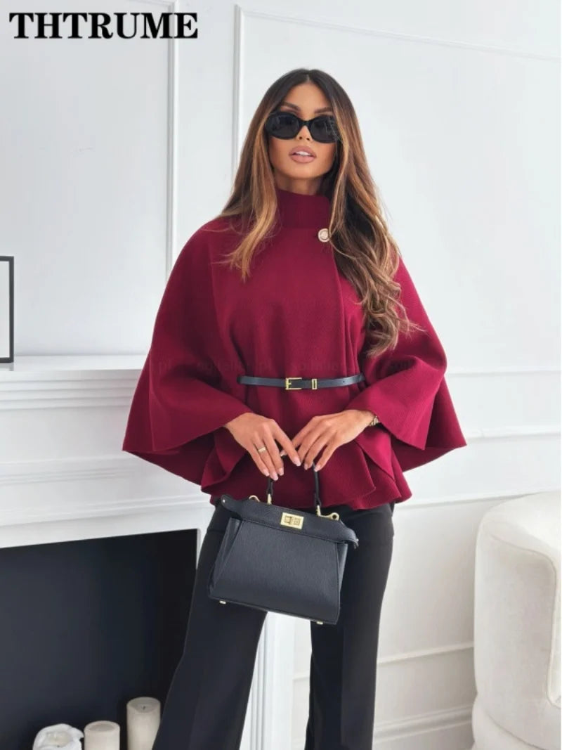 Chaquetas elegantes de otoño de color liso a la moda para mujer, abrigos nuevos gruesos con mangas de murciélago y una sola botonadura, chaqueta informal holgada y elegante para oficina.