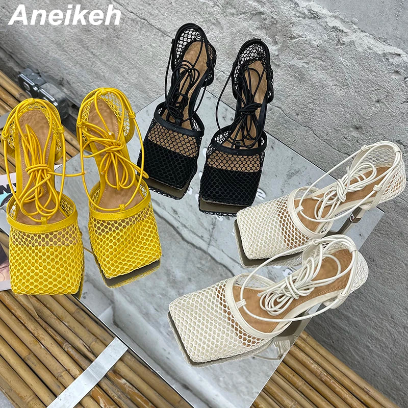 Aneikeh 2025 - Sandalias de malla sexys de verano para mujer, con punta cuadrada, tacón alto, cordones cruzados, zapatos de fiesta con tacón de aguja calado