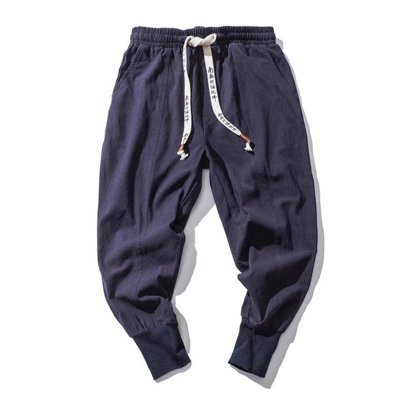 Pantalones harén de lino y algodón para hombre, con cintura elástica lisa, estilo joggers, holgados y con entrepierna baja, informales