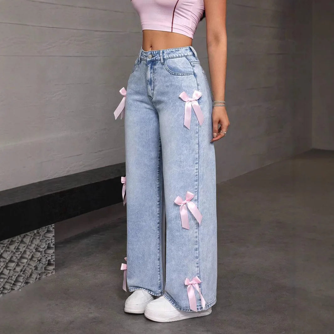 Pantalones vaqueros de pierna ancha para mujer, lavados con lazo, cintura alta, estilo urbano, desgastados, vintage, rectos, hasta los tobillos, 2025