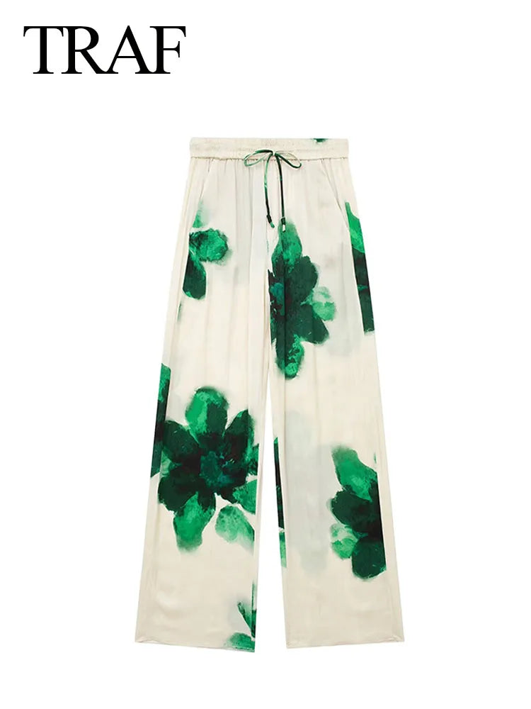 TRAFZA Pantalones largos de primavera para mujer, con estampado de flores verdes, cintura elástica y cordón ajustable, informales, de pierna ancha, estilo playero