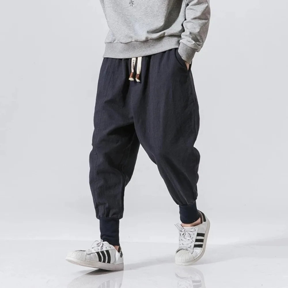 Pantalones harén de lino y algodón para hombre, ropa de calle, pantalones de chándal holgados con entrepierna baja, pantalones casuales para hombre