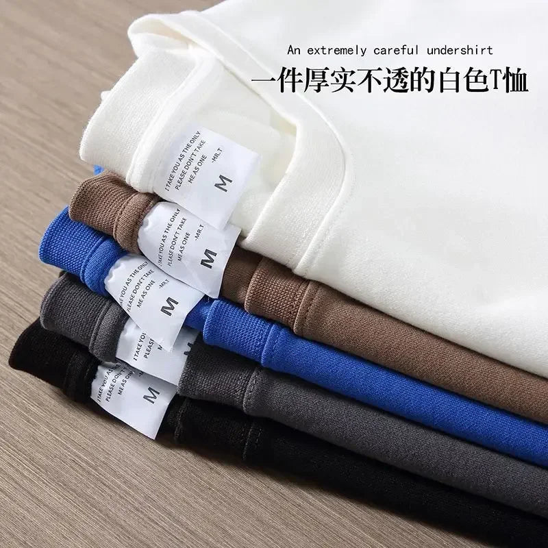 Camiseta de algodón puro resistente, negra y blanca, de 500 g, con cuello redondo, hilo grueso, manga corta y tres agujas.