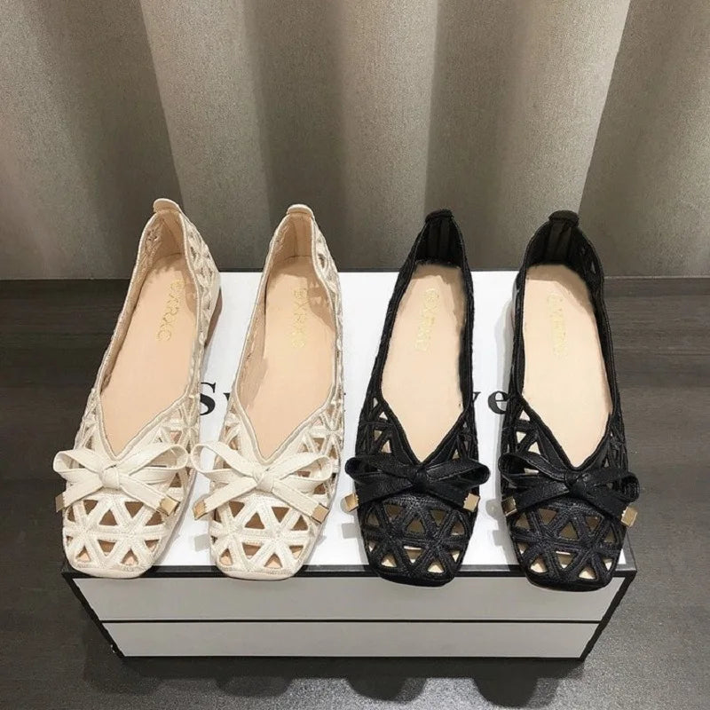 Sandalias planas con lazo estilo francés para mujer, con punta abierta y corte geométrico, transpirables, color beige, para verano, 2025