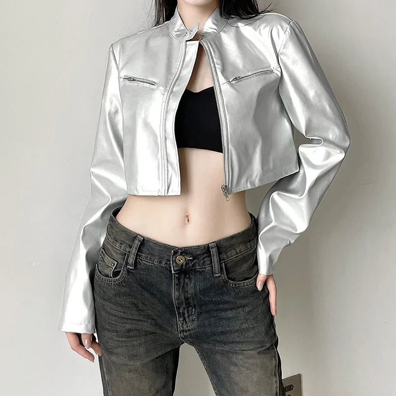 Chaqueta corta con cremallera y cuello alto plateado versátil con ombligo descubierto y corte entallado para chica de calle picante
