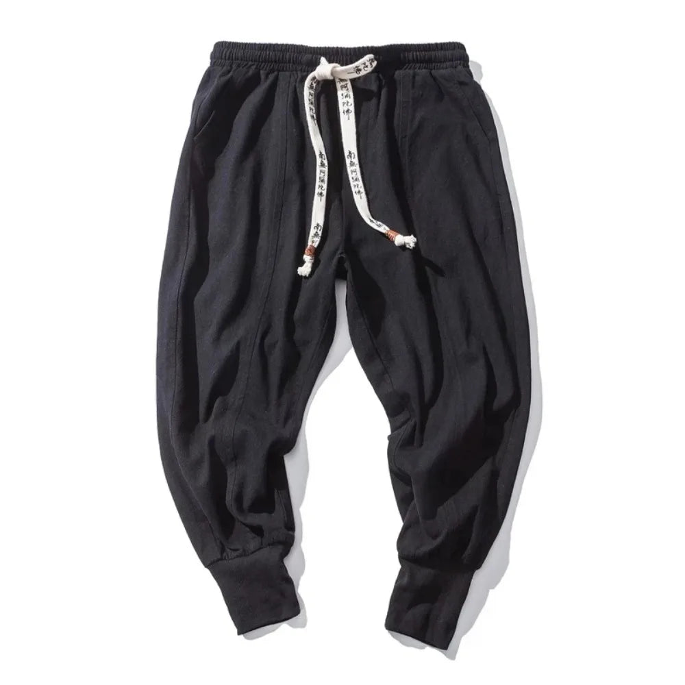 Pantalones harén de lino y algodón para hombre, ropa de calle, pantalones de chándal holgados con entrepierna baja, pantalones casuales para hombre