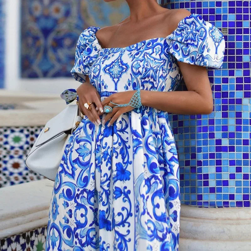 Vestido largo bohemio de verano con estampado de bambú, plisado, sin espalda, con hombros descubiertos y mangas abullonadas para fiesta