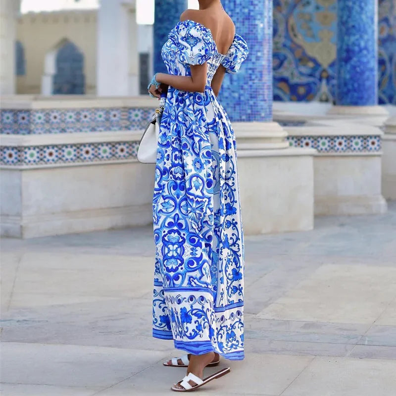 Vestido largo bohemio de verano con estampado de bambú, plisado, sin espalda, con hombros descubiertos y mangas abullonadas para fiesta