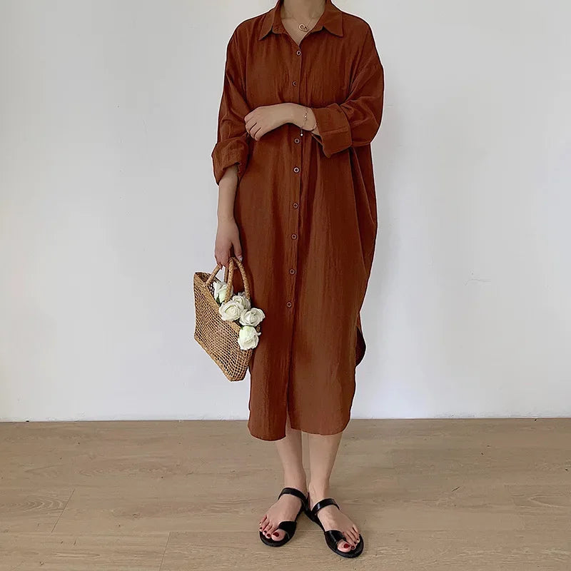 TFETTERS-Vestidos largos de camisa para mujer Camisa de manga larga suelta informal X-Long Hasta la rodilla Abrigo abotonado Ropa de moda coreana