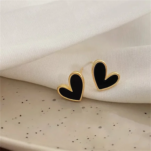 Cute Korean Earrings Heart Bling Zircon Vintage Dark Green Versatile Gold Color Earring for Women Fashion Jewelry 2024 New Gift