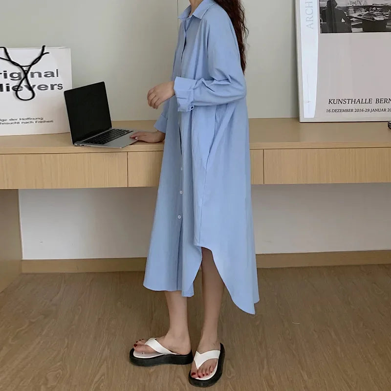 TFETTERS-Vestidos largos de camisa para mujer Camisa de manga larga suelta informal X-Long Hasta la rodilla Abrigo abotonado Ropa de moda coreana