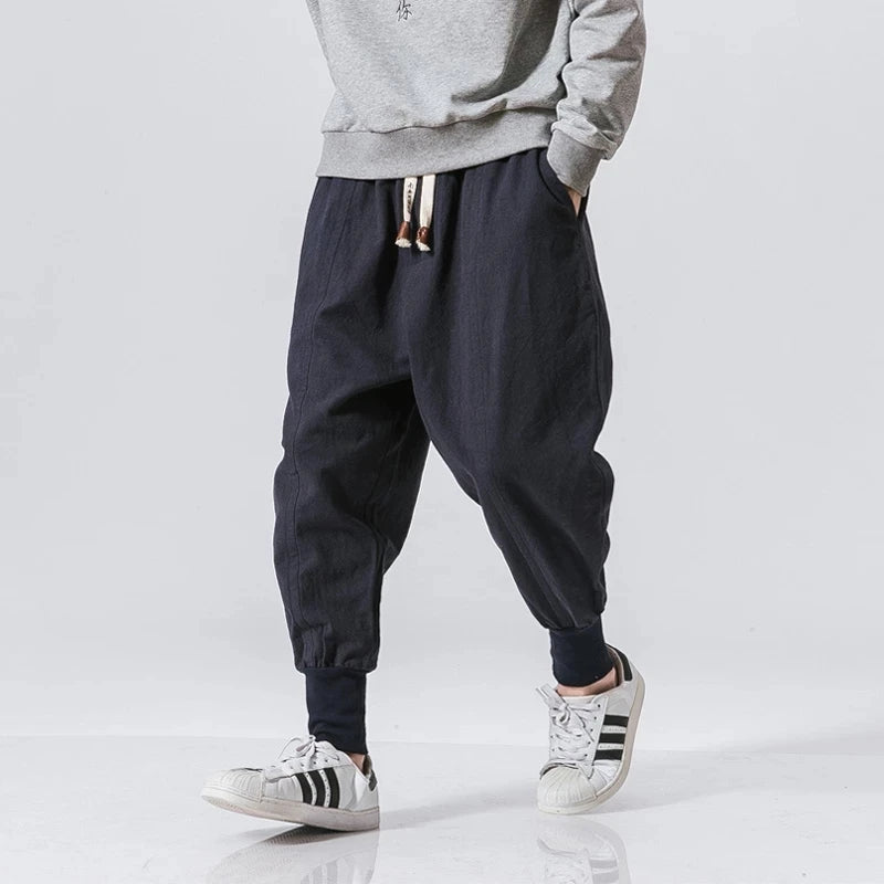Pantalones harén de lino y algodón para hombre, con cintura elástica lisa, estilo joggers, holgados y con entrepierna baja, informales