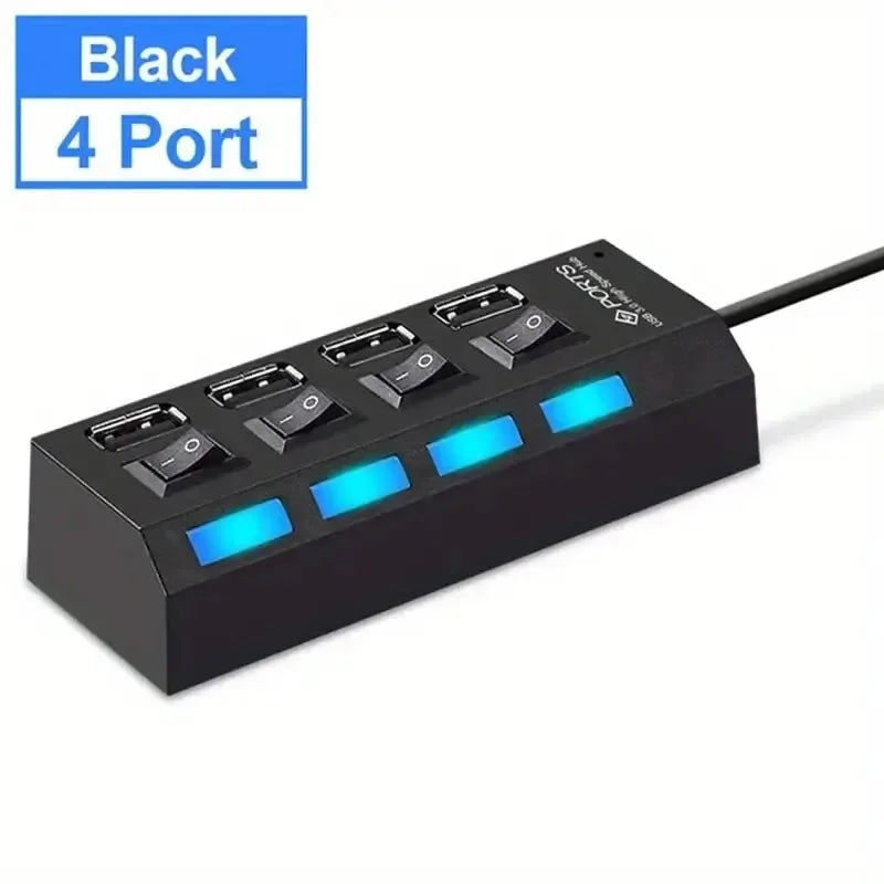 Adaptador HUB USB 2.0 de alta velocidad de 4/7 puertos, expansor, divisor USB múltiple, extensor múltiple con interruptor de lámpara LED para PC y portátil.