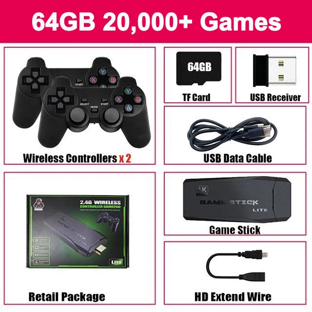 Consola de videojuegos con más de 20 000 juegos integrados, reproductor de juegos portátil retro, 64 GB, 4K, TV, mando inalámbrico de 2,4 GB